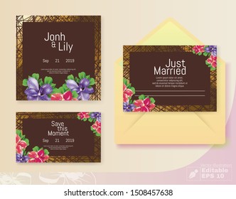 Classic Brown Wedding Cards. Grid Backdrop. Font Invitation and Couple Names Text with Event Date. Purple and Pink Flowers Bouquet Composition. Yellow Envelop. Postcard Set. Vector Illustration EPS 10
