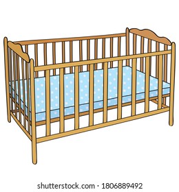 Classic brown wooden baby crib with blue polka-dot bedclothes vector illustration