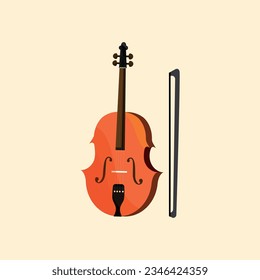 Violín de madera marrón clásico y arco. Ilustración vectorial.