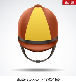 Classic Brown And Yellow Jockey Helmet For Horse Riding Athlete. Front View Of Sport Equipment. Vector Illustration Isolated On A White Background.