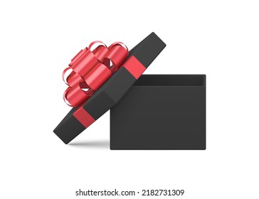 Classic brutal squared gift box with open cap decorated by red glossy bow ribbon realistic 3d isometric vector illustration. Male black cubes cardboard container for present package man day surprise