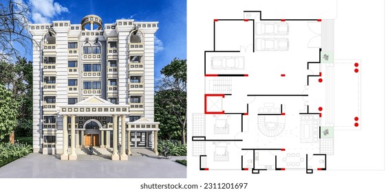 It is a classic building design, this is a six stored building, here are 3d images and ground floor plan.
