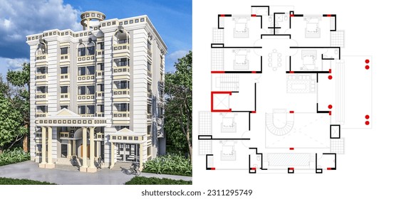 Es ist ein klassisches Gebäudedesign, es ist ein sechs gespeichertes Gebäude, hier sind 3D-Bilder und Bodenplan.