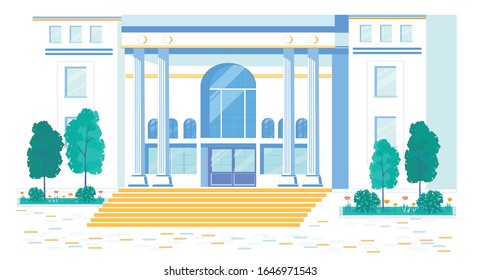 Classic Building Entrance and Facade with Columns. Educational, Administrative or Municipal Building Exterior. University, Library or City Government Residence. Flat Cartoon Vector Illustration.