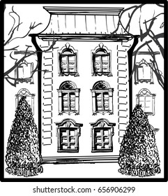 Classic building with two trees, sketch