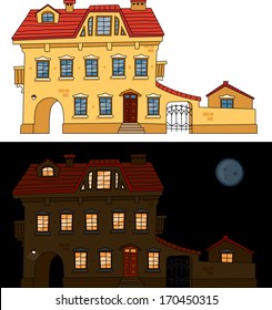 Classic buildings in vector, day and night, front view. All the elements are in the separate layers. Series of the cartoon buildings. 