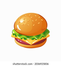 Classic burger with flying ingredients. Vector hamburger icon in cartoon style.