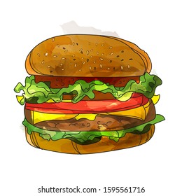 Classic Burger illustration. Burger isolated. Cheeseburger vector on white background.