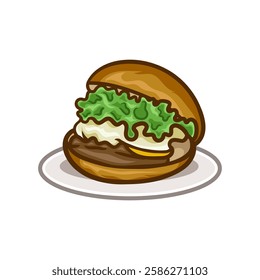 Classic Burger Illustration: A mouthwatering cartoon illustration of a classic burger featuring a juicy beef patty, melted cheese, crisp lettuce, and creamy sauce, served on a sesame seed bun