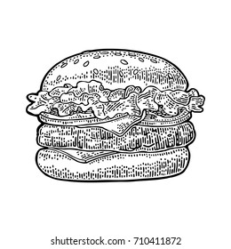 Classic burger include cutlet, tomato, cucumber and salad isolated on white background. Vector black vintage engraving illustration for poster and menu