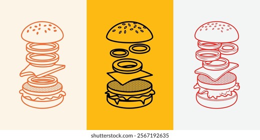 Classic Burger Ingredients Layered Set Sesame Bun, Beef Patty, Cheese, Lettuce, Ketchup, Onion Rings. Fast Food Concept Vector Illustration