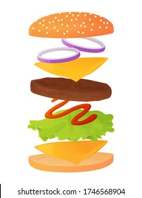 Classic burger ingredients set on layers. contain sesame bun, beaf cutlet or meat, cheese, lettuce, ketchup sauce, onion rings. Fastfood concept. Stock vector illustration in flat cartoon style