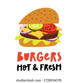 Classic burger with lettering. Vector Fast food illustration.