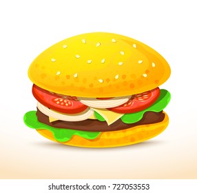 Classic burger with meat, vegetable and cheese, vector illustration isolated from background