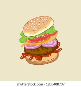 Classic Burger Symbol of America. Fast Food. Vector Illustration.