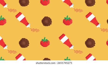 Classic burgers, onions, and fresh lettuce leaves in retro pixel art style arranged on a red grid for culinary or vintage-inspired designs.