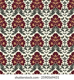 Classic Burgundy and Green Ornamental Tile Seamless Pattern with Structured Layout