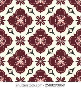 Classic Burgundy and White Floral Tile Seamless Pattern with Vintage Appeal