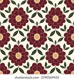 Classic Burgundy and White Floral Tile Seamless Pattern with Structured Motifs