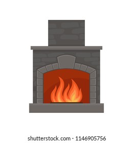 Classic burning fireplace made of bricks vector Illustration on a white background