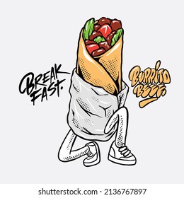 Classic Burrito Beef Hand Drawing With Graffiti Charecter Styles Colour