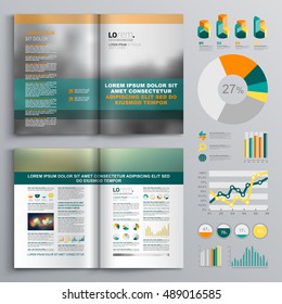 Classic business brochure template design with green and orange shapes. Cover layout and infographics