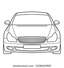 Classic business class sedan car. 4 door car on white background. Front side view shot. Outline doodle vector illustration