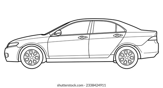 Classic business class sedan car. 4 door car on white background. Side view shot. Outline doodle vector illustration