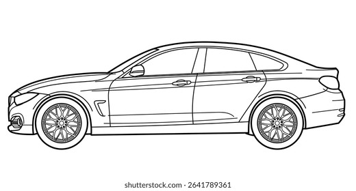 Classic business class sedan car. 4 door car on white background. Side view shot. Outline doodle vector illustration