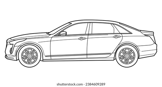 Classic business luxary american class sedan car. 4 door car on white background. Side view shot. Outline doodle vector illustration