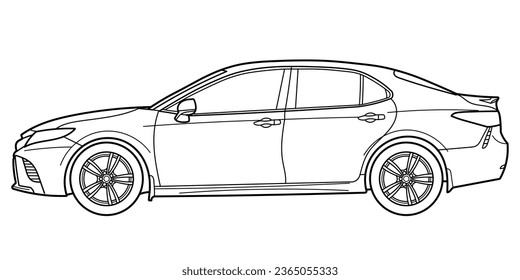 Classic business luxary class sedan car. 4 door car on white background. Side view shot. Outline doodle vector illustration	
