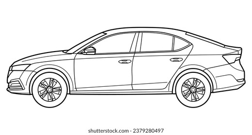 Classic business luxary class sedan car. 4 door car on white background. Side view shot. Outline doodle vector illustration	
