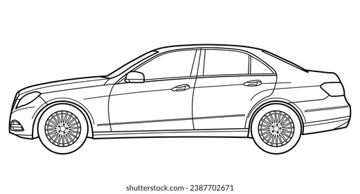 Classic business luxary class sedan car. 4 door car on white background. Side view shot. Outline doodle vector illustration	
