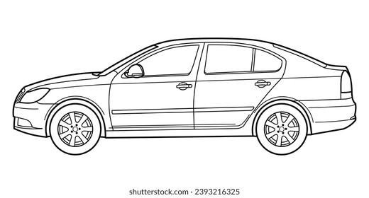 Classic business luxary class sedan car. 4 door car on white background. Side view shot. Outline doodle vector illustration