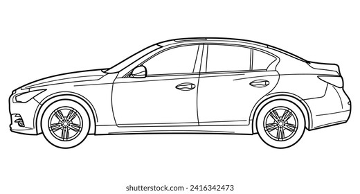 Classic business luxary class sedan car. 4 door car on white background. Side view shot. Outline doodle vector illustration