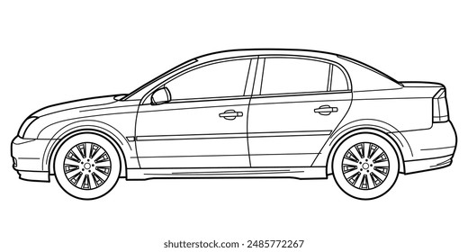 Classic business luxary class sedan car. 4 door car on white background. Side view shot. Outline doodle vector illustration