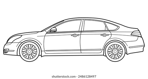 Classic business luxary class sedan car. 4 door car on white background. Side view shot. Outline doodle vector illustration	
