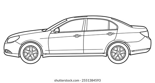 Clásico coche sedán de clase de lujo de negocios. Coche de 4 puertas sobre fondo blanco. Vista lateral disparada. Ilustración vectorial de doodle de esquema