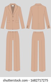 Classic business suit for women and men. Jacket and trousers. Set of color unisex suits. Rear, front view. Clothing in business style. Dress-coat. Business attire. Uniform. Vector illustration