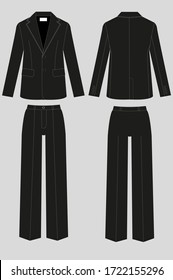 Classic business suit for women and men. Jacket and trousers. Set of color unisex suits. Rear, front view. Clothing in business style. Dress-coat. Business attire. Uniform. Vector illustration