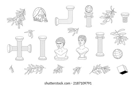 Classic bust sculpture vector in line art style. Greek ancient column set vector. Antique pillar in line style. Roman pedestal outline illustration in black color.Greek ancient mythology. 