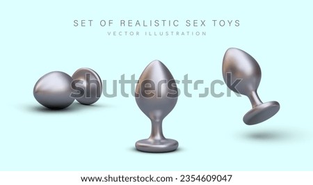 Classic butt plug with limiter. Silver sex toy for adults. Smart plug with vibration. Anal metal device for men and women. Theme color icons for sex shop