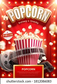 Classic buttery and crunchy popcorn ads with film roll on red background, 3d illustration