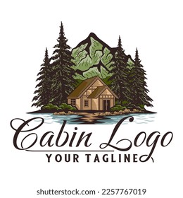 classic cabin home logo design. vector, mountain, log house. very suitable for vacation, inn and recreation