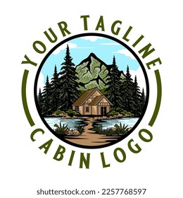 classic cabin home logo design. vector, mountain, log house. very suitable for vacation, inn and recreation