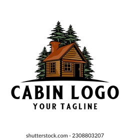 classic cabin logo design. vector, log house, surrounded by pine trees, inn and recreation