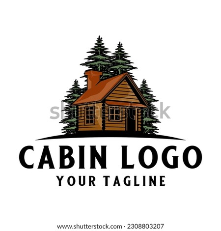 classic cabin logo design. vector, log house, surrounded by pine trees, inn and recreation