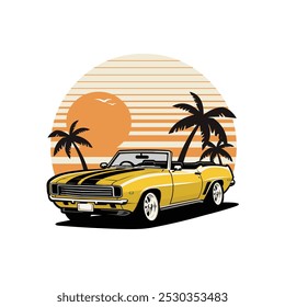 Classic cabriolet muscle car in beach vector illustration. Best for automotive tshirt design