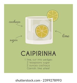 Classic Caipiroska Cocktail recipe. Beverage garnished with lime. Modern trendy print. Summer aperitif with ingredients poster. Minimalist square banner with alcoholic drink. Vector illustration.