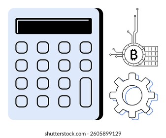 Classic calculator with digital display and buttons, a Bitcoin icon integrated with circuit elements, and a gear symbol Ideal for digital finance, cryptocurrency, blockchain technology, financial